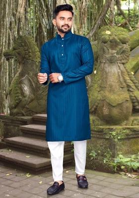 Blue Slub Cotton Silver Weaving Mens Kurta Pyjama For Men