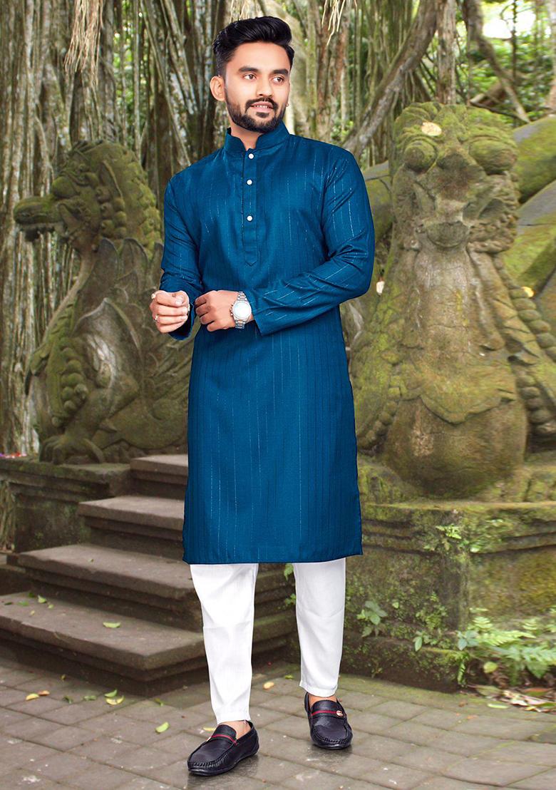 Blue Slub Cotton Silver Weaving Mens Kurta Pyjama For Men