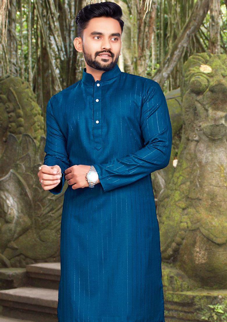 Blue Slub Cotton Silver Weaving Mens Kurta Pyjama For Men