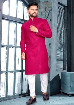 Magenta Slub Cotton Silver Weaving Mens Kurta Pyjama For Men