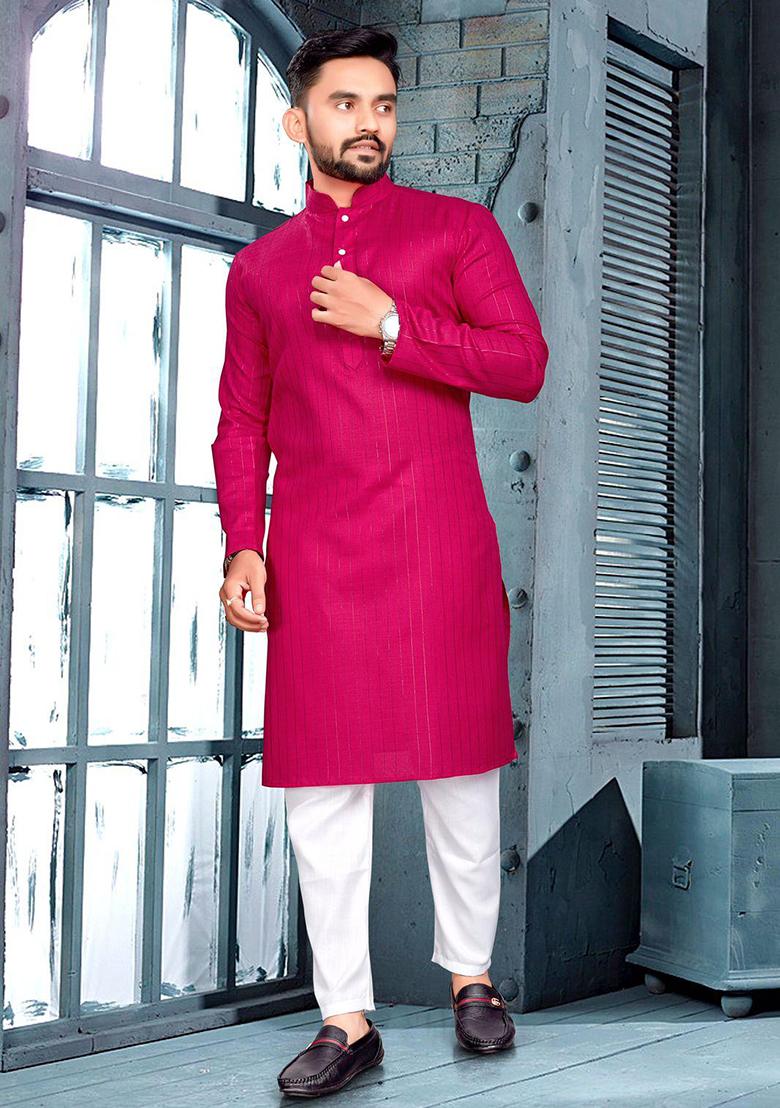 Magenta Slub Cotton Silver Weaving Mens Kurta Pyjama For Men
