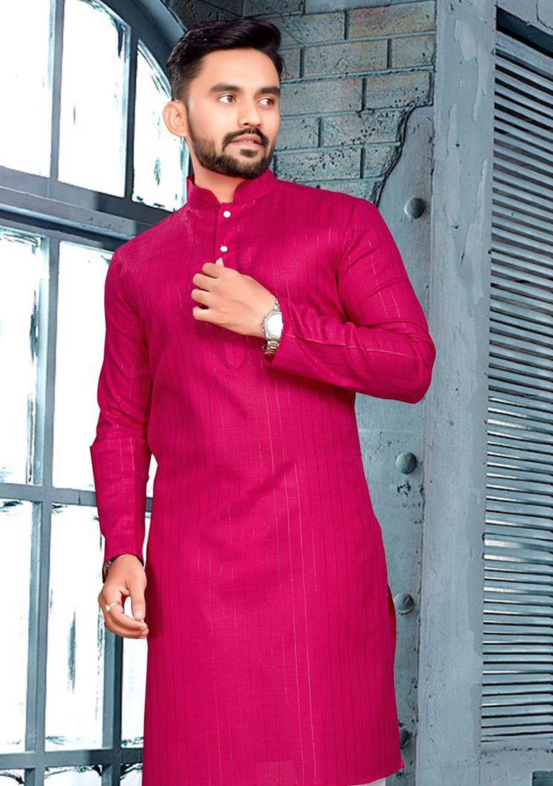 Magenta Slub Cotton Silver Weaving Mens Kurta Pyjama For Men