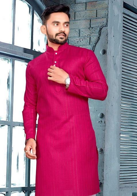 Magenta Slub Cotton Silver Weaving Mens Kurta Pyjama For Men