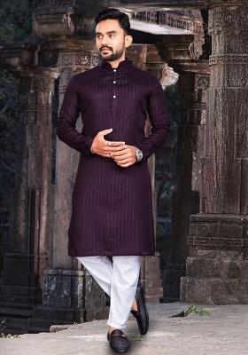 Wine Slub Cotton Silver Weaving Mens Kurta Pyjama For Men