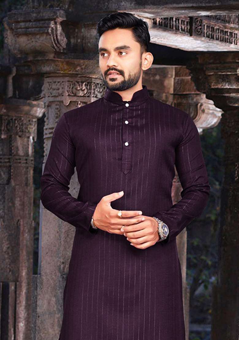 Wine Slub Cotton Silver Weaving Mens Kurta Pyjama For Men - Indya