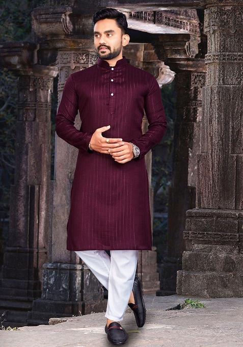 Wine Slub Cotton Silver Weaving Mens Kurta Pyjama For Men