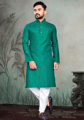 Turquoise Slub Cotton Silver Weaving Mens Kurta Pyjama For Men