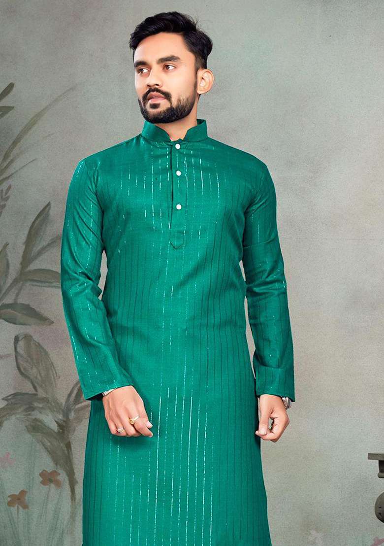 Turquoise Slub Cotton Silver Weaving Mens Kurta Pyjama For Men - Indya