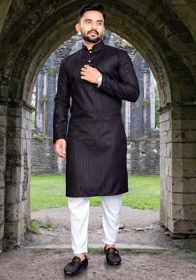 Black Slub Cotton Silver Weaving Mens Kurta Pyjama For Men