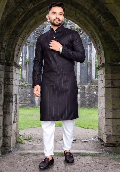 Black Slub Cotton Silver Weaving Mens Kurta Pyjama For Men