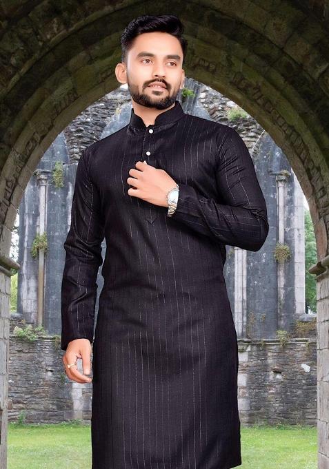 Black Slub Cotton Silver Weaving Mens Kurta Pyjama For Men