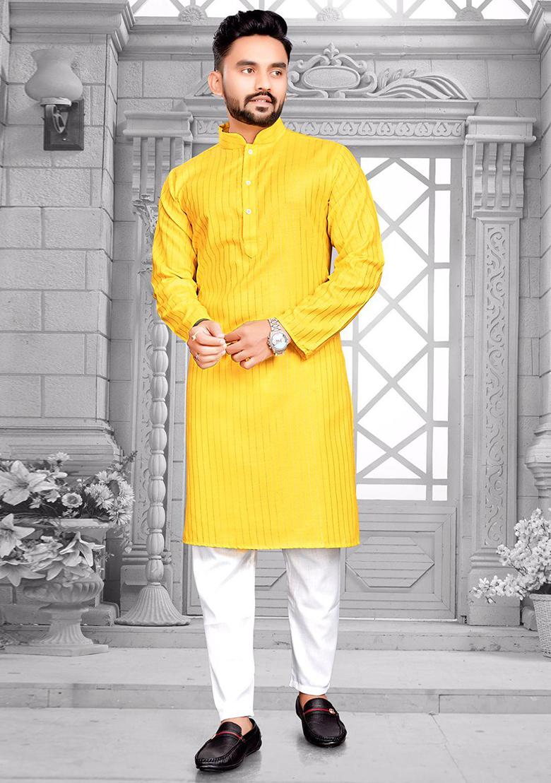 Yellow Slub Cotton Silver Weaving Mens Kurta Pyjama For Men
