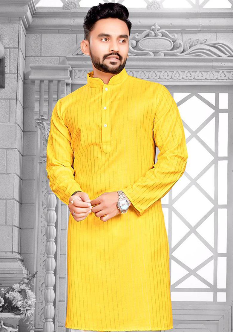 Yellow Slub Cotton Silver Weaving Mens Kurta Pyjama For Men