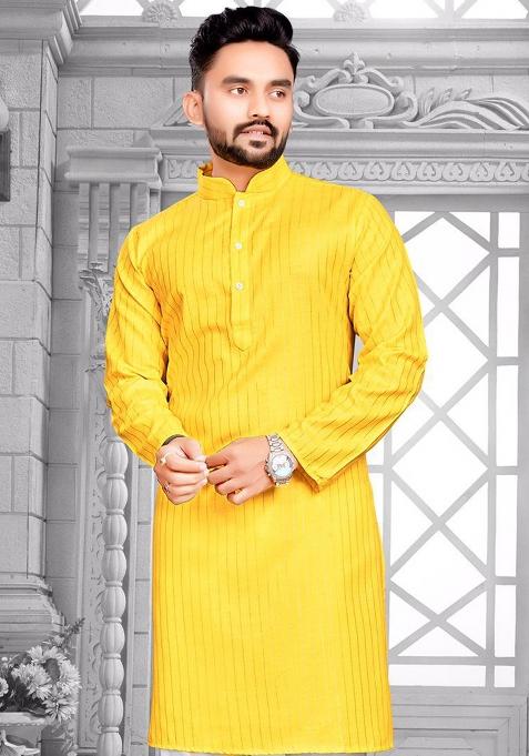 Yellow Slub Cotton Silver Weaving Mens Kurta Pyjama For Men