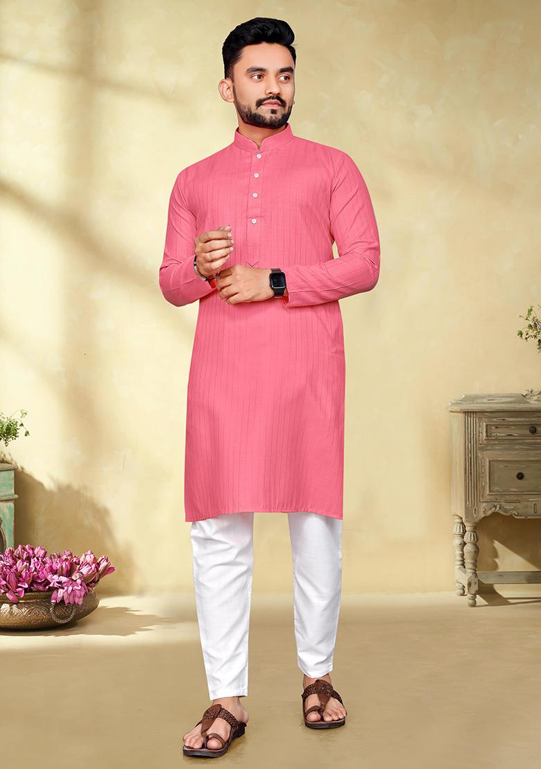 Pink Slub Cotton Silver Weaving Mens Kurta Pyjama For Men
