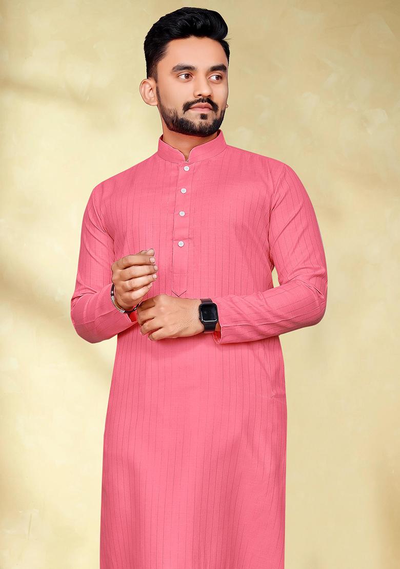 Pink Slub Cotton Silver Weaving Mens Kurta Pyjama For Men