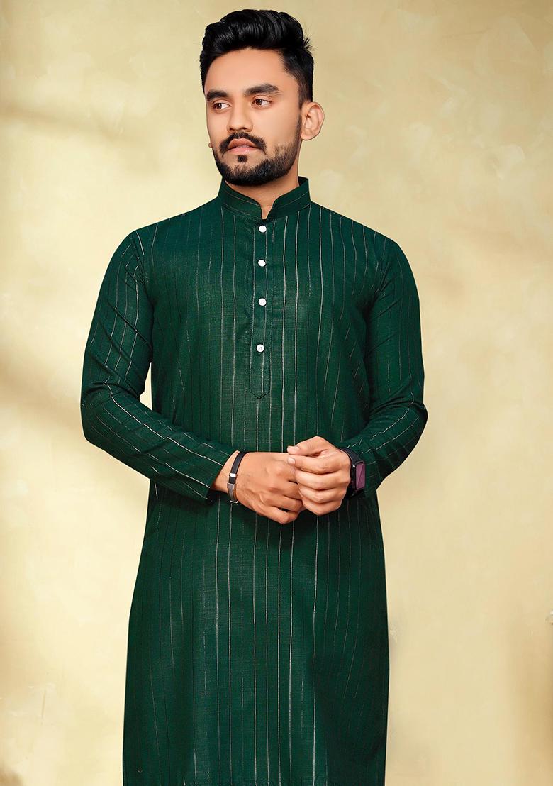 Bottle Green Slub Cotton Silver Weaving Mens Kurta Pyjama For Men