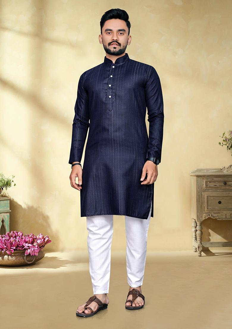 Navy Blue Slub Cotton Silver Weaving Mens Kurta Pyjama For Men