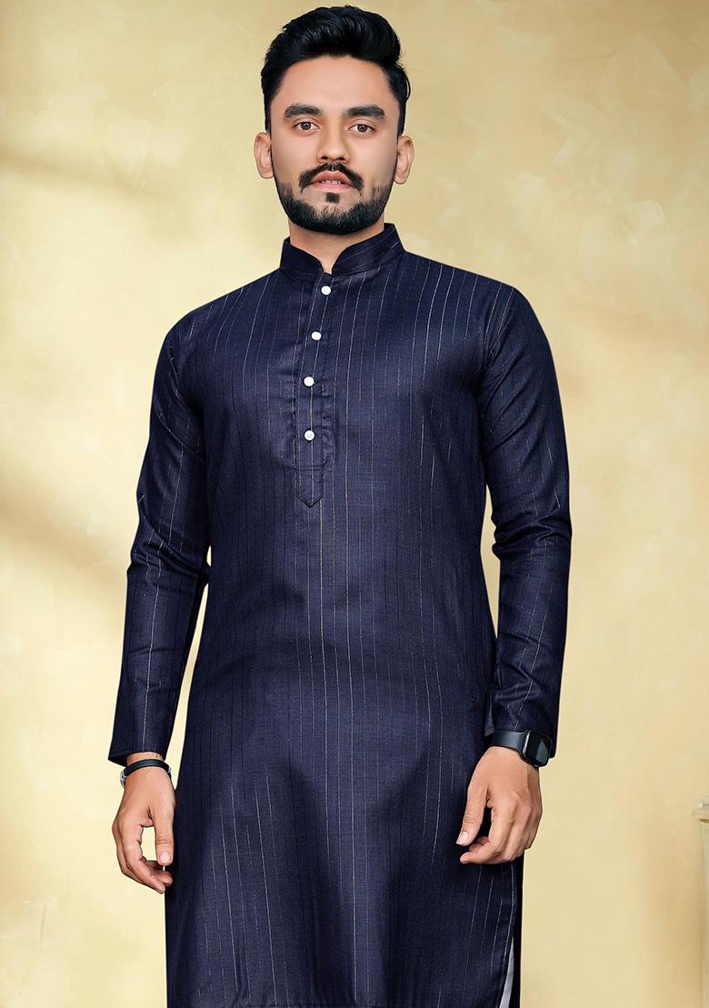 Navy Blue Slub Cotton Silver Weaving Mens Kurta Pyjama For Men