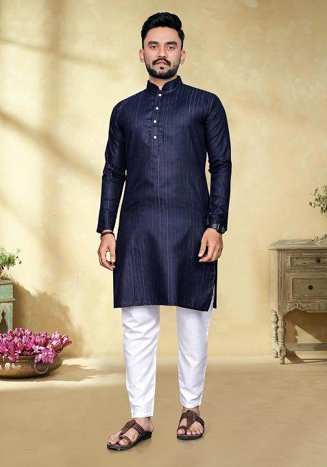 Navy Blue Slub Cotton Silver Weaving Mens Kurta Pyjama For Men