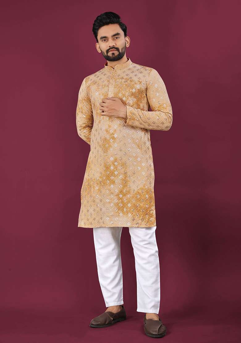 Mustard Viscose Rayon Chikankari Lucknowi Schifli Work Mens Kurta Pyjama For Men - Indya