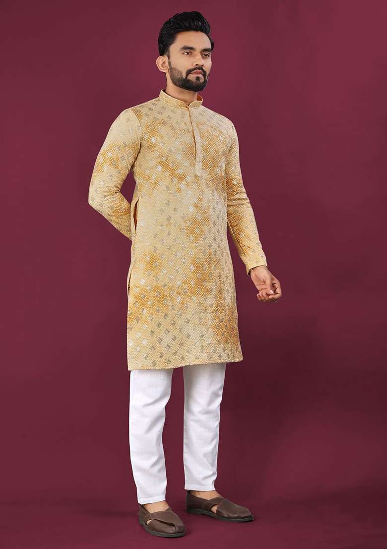 Mustard Viscose Rayon Chikankari Lucknowi Schifli Work Mens Kurta Pyjama For Men - Indya
