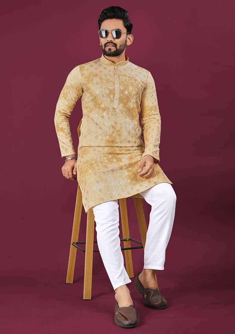 Mustard Viscose Rayon Chikankari Lucknowi Schifli Work Mens Kurta Pyjama For Men - Indya