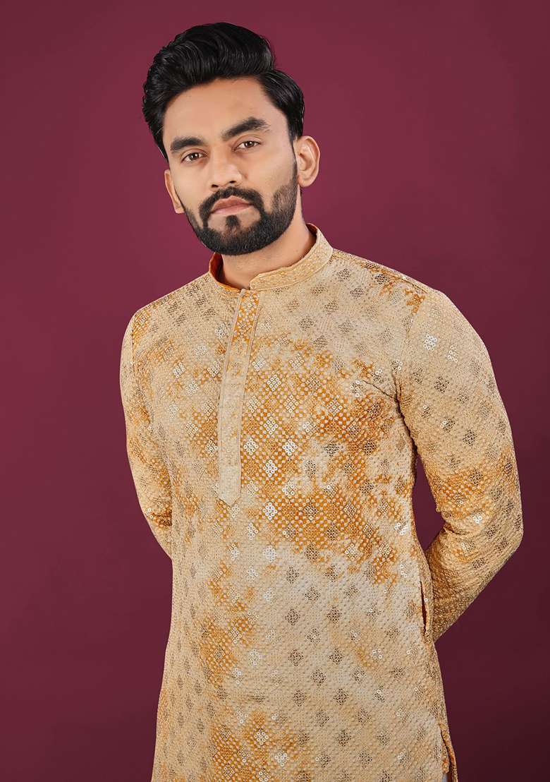 Mustard Viscose Rayon Chikankari Lucknowi Schifli Work Mens Kurta Pyjama For Men - Indya