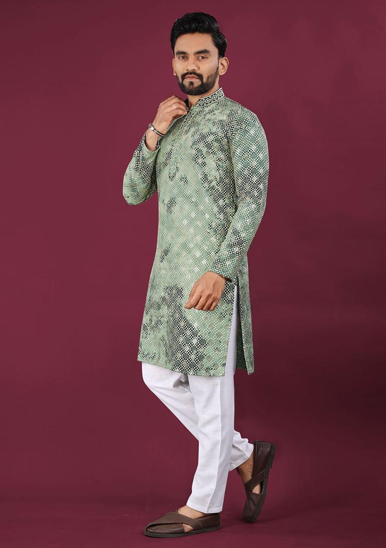 Green Viscose Rayon Chikankari Lucknowi Schifli Work Mens Kurta Pyjama For Men