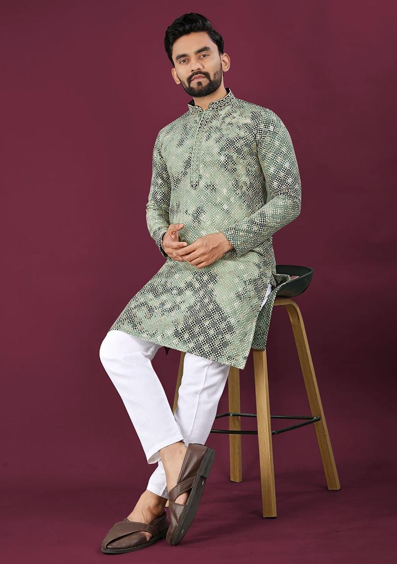Green Viscose Rayon Chikankari Lucknowi Schifli Work Mens Kurta Pyjama For Men