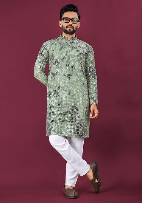 Green Viscose Rayon Chikankari Lucknowi Schifli Work Mens Kurta Pyjama For Men