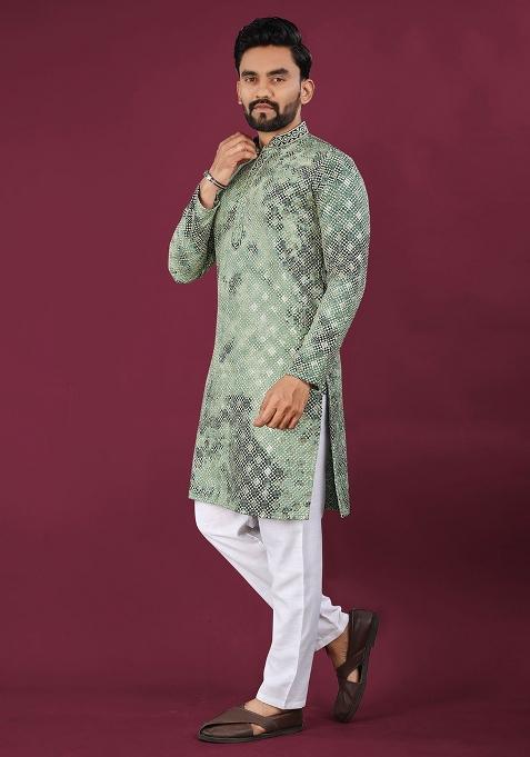 Green Viscose Rayon Chikankari Lucknowi Schifli Work Mens Kurta Pyjama For Men