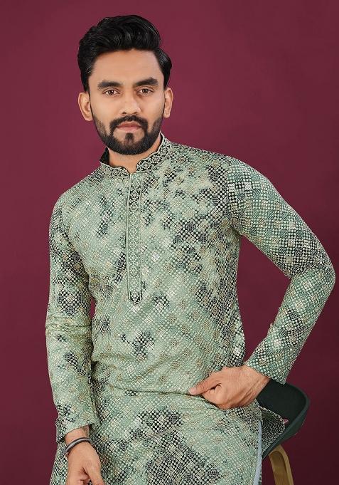 Green Viscose Rayon Chikankari Lucknowi Schifli Work Mens Kurta Pyjama For Men