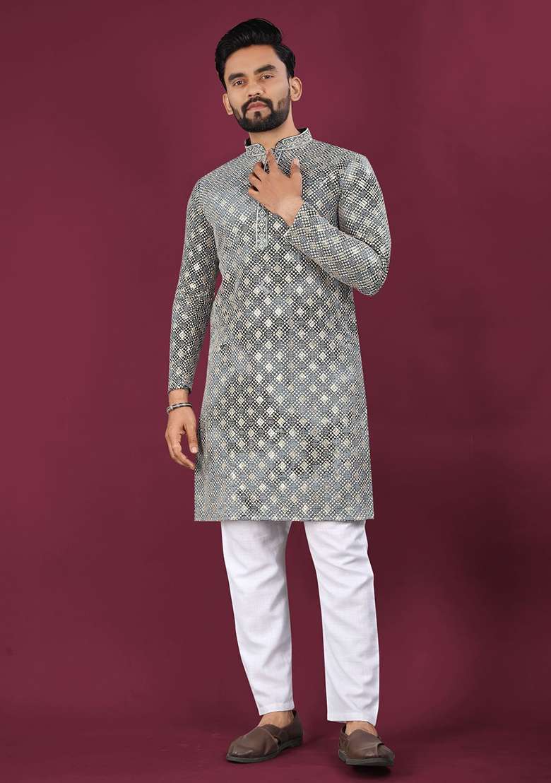 Grey Viscose Rayon Chikankari Lucknowi Schifli Work Mens Kurta Pyjama For Men - Indya