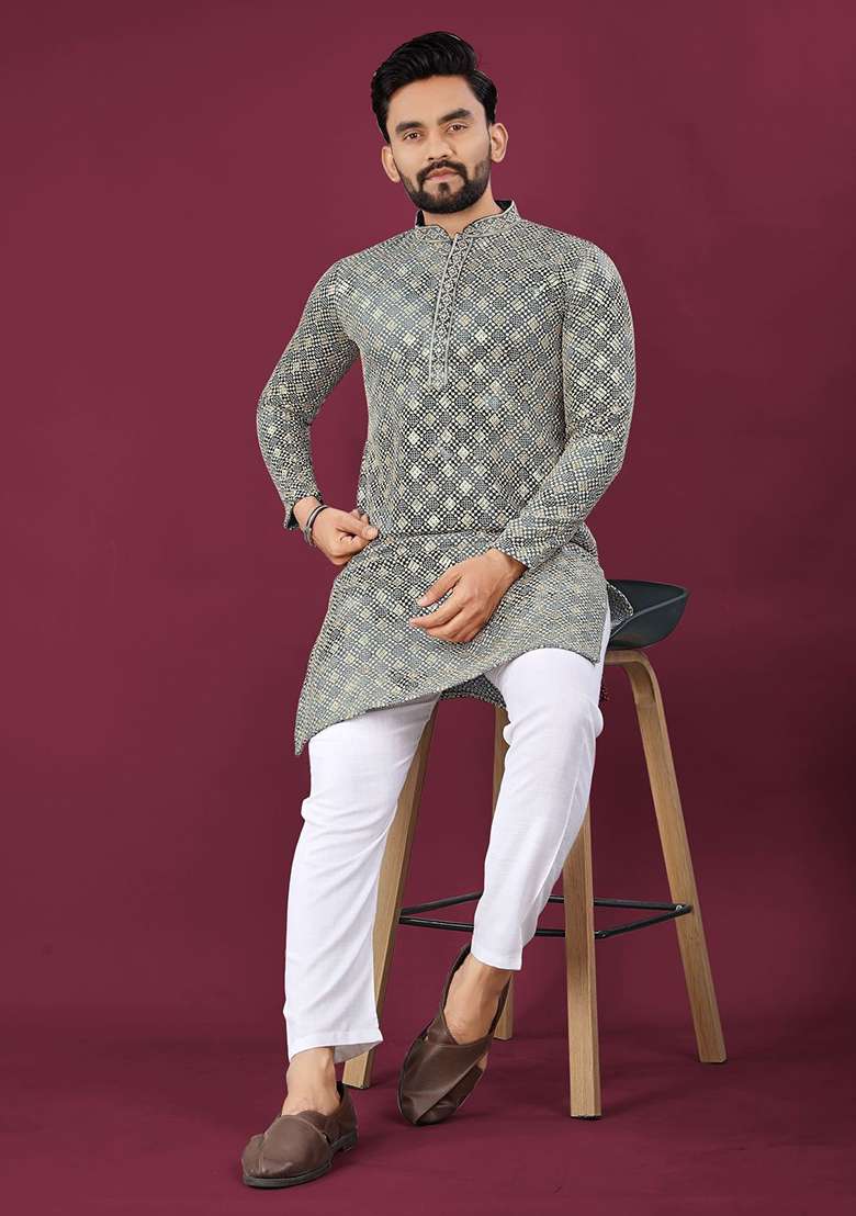 Grey Viscose Rayon Chikankari Lucknowi Schifli Work Mens Kurta Pyjama For Men - Indya