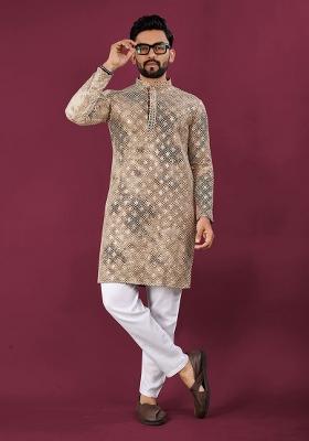Beige Viscose Rayon Chikankari Lucknowi Schifli Work Mens Kurta Pyjama For Men