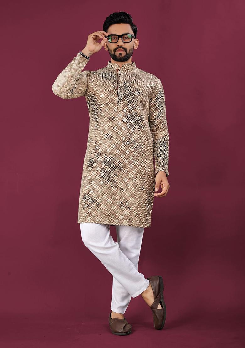 Beige Viscose Rayon Chikankari Lucknowi Schifli Work Mens Kurta Pyjama For Men