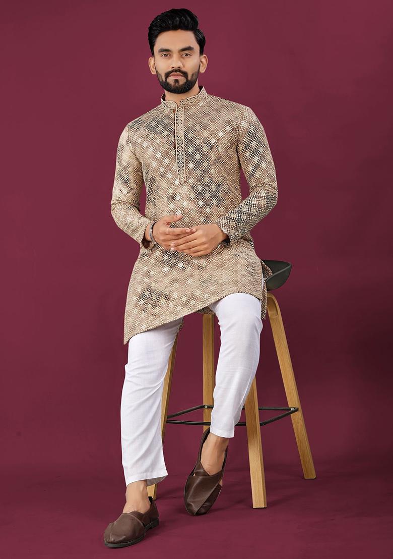 Beige Viscose Rayon Chikankari Lucknowi Schifli Work Mens Kurta Pyjama For Men