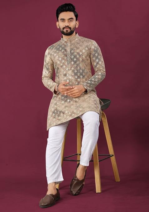 Beige Viscose Rayon Chikankari Lucknowi Schifli Work Mens Kurta Pyjama For Men