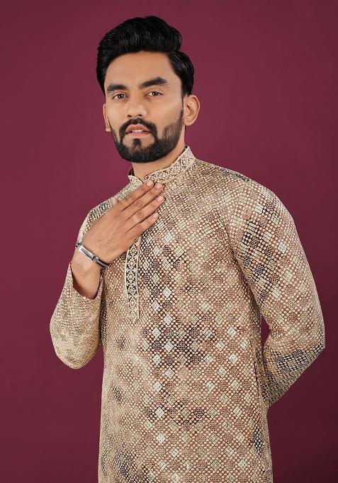 Beige Viscose Rayon Chikankari Lucknowi Schifli Work Mens Kurta Pyjama For Men