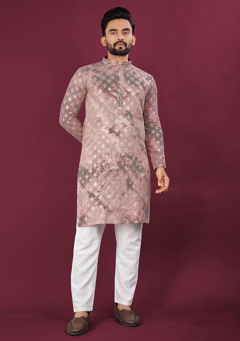Purple Viscose Rayon Chikankari Lucknowi Schifli Work Mens Kurta Pyjama For Men