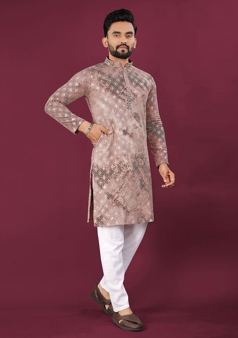 Purple Viscose Rayon Chikankari Lucknowi Schifli Work Mens Kurta Pyjama For Men
