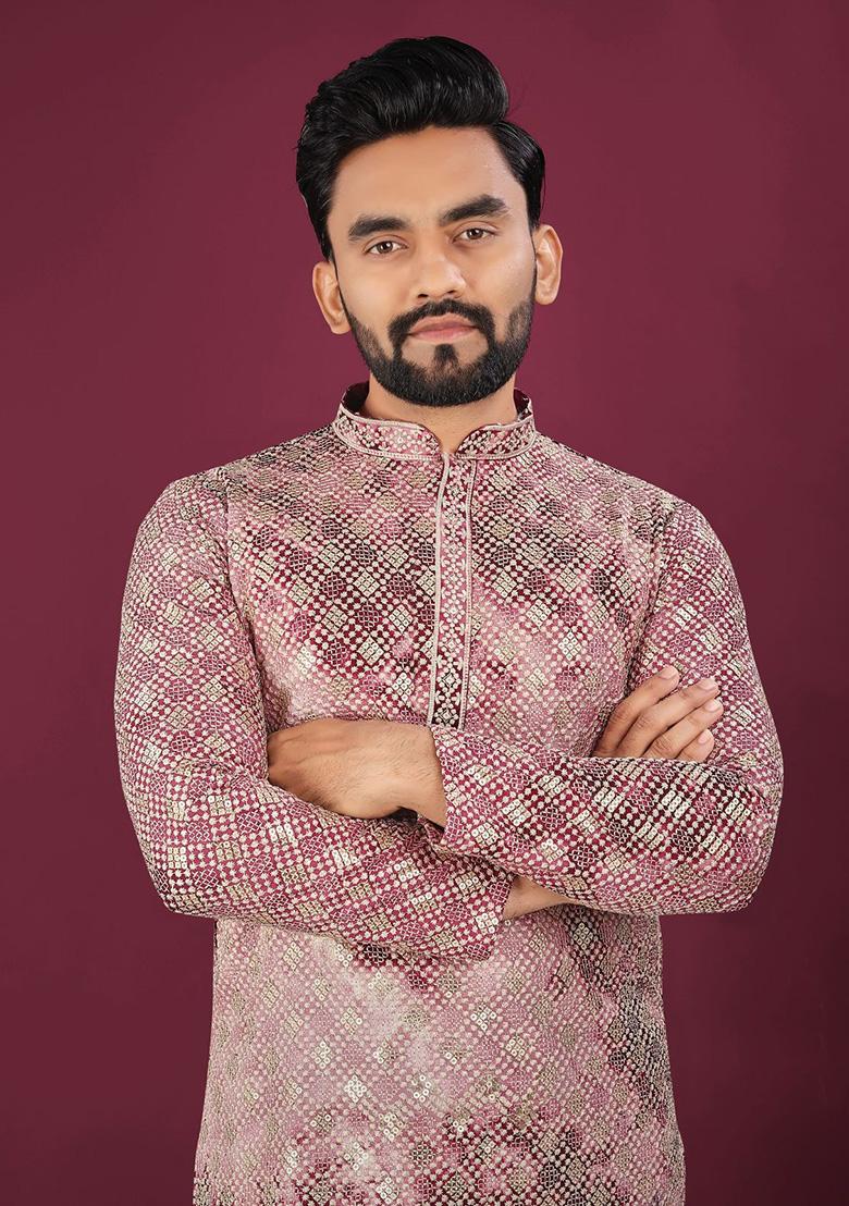 Purple Viscose Rayon Chikankari Lucknowi Schifli Work Mens Kurta Pyjama For Men