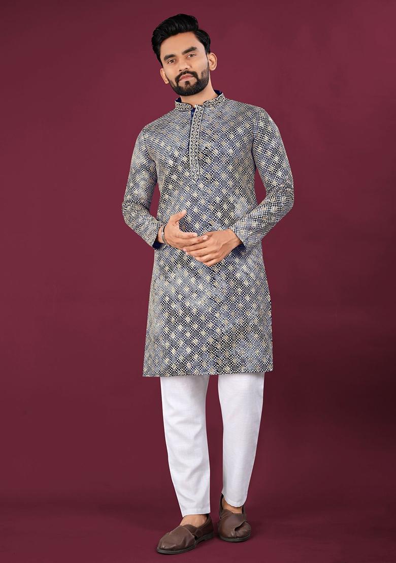 Blue Viscose Rayon Chikankari Lucknowi Schifli Work Mens Kurta Pyjama For Men