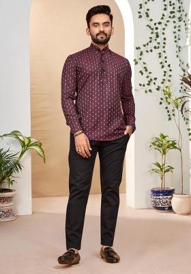 Wine Cotton Jacquard Printed Mens Kurta For Men