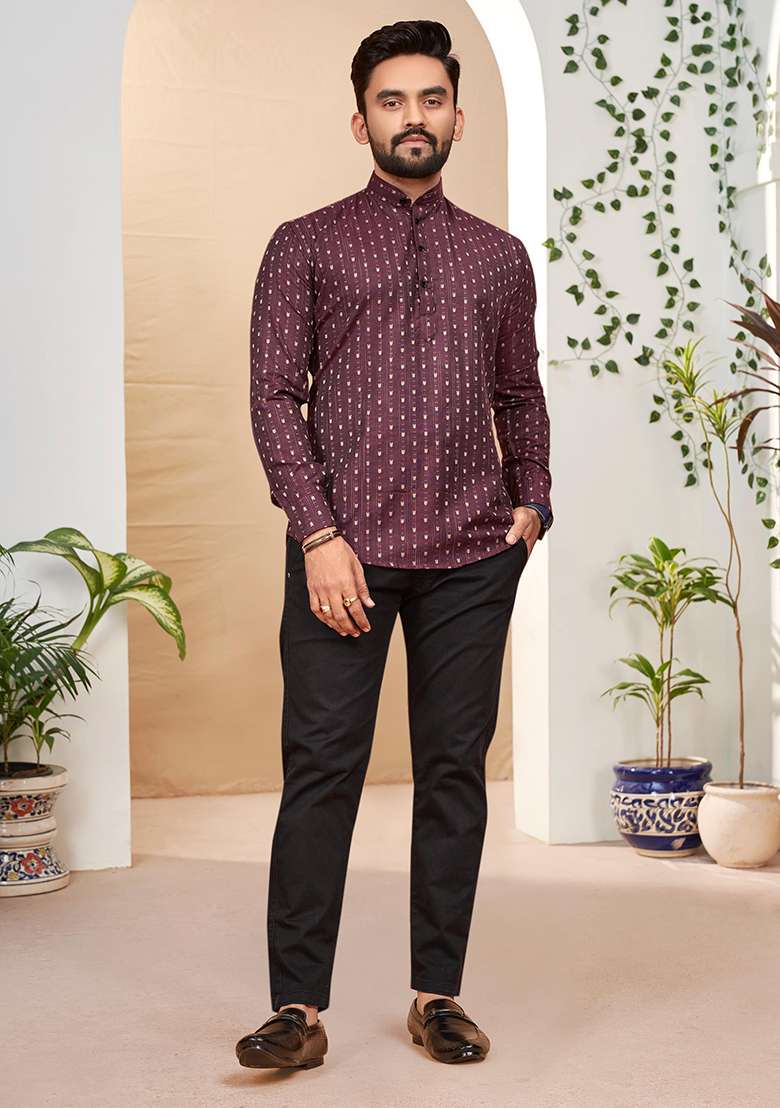 Wine Cotton Jacquard Printed Mens Kurta For Men - Indya