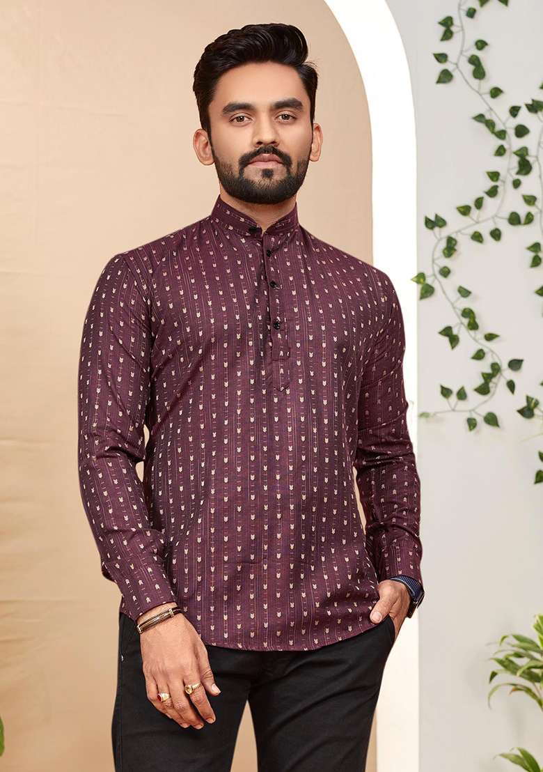 Wine Cotton Jacquard Printed Mens Kurta For Men - Indya