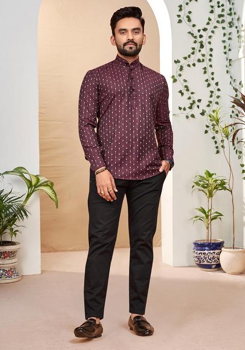 Wine Cotton Jacquard Printed Mens Kurta For Men — view on Indya