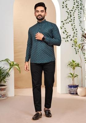 Blue Cotton Jacquard Printed Mens Kurta For Men