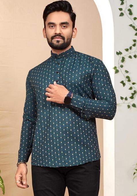 Blue Cotton Jacquard Printed Mens Kurta For Men